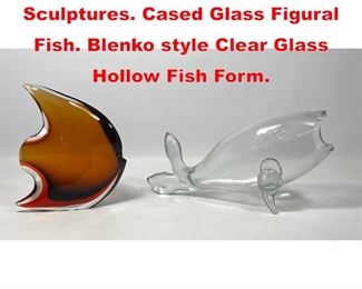 Lot 588 2pc Art Glass Fish Sculptures. Cased Glass Figural Fish. Blenko style Clear Glass Hollow Fish Form. 