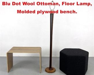 Lot 608 3pcs Modernist Furniture. Blu Dot Wool Ottoman, Floor Lamp, Molded plywood bench. 