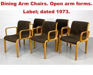 Lot 621 Set 5 KNOLL Oak Frame Dining Arm Chairs. Open arm forms. Label dated 1973. 