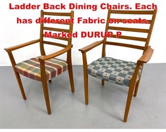 Lot 622 2pc Danish Modern Teak Ladder Back Dining Chairs. Each has different Fabric on seats. Marked DURUP P