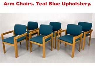 Lot 627 Set 6 Oak Modernist Open Arm Chairs. Teal Blue Upholstery. 