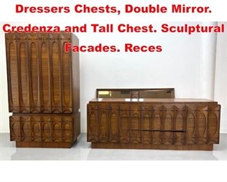 Lot 640 3pc Walnut Modern Dressers Chests, Double Mirror. Credenza and Tall Chest. Sculptural Facades. Reces