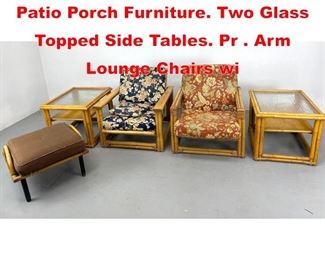 Lot 652 5pc FICKS REED Bamboo Patio Porch Furniture. Two Glass Topped Side Tables. Pr . Arm Lounge Chairs wi