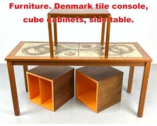 Lot 656 Mid Century Modern Furniture. Denmark tile console, cube cabinets, side table. 