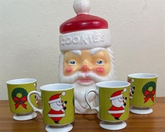 Vintage Santa Blowmold Cookie Jar & Pedestal Vintage Mugs