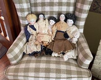 Pair of wing back chairs excellent condition photos with antique China head dolls