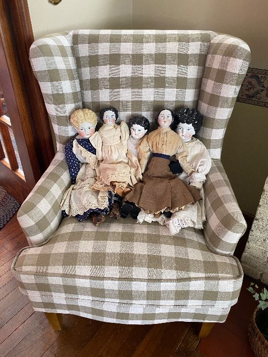 Pair of wing back chairs excellent condition photos with antique China head dolls