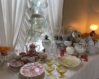 Antique oil, lamps, iron, stone, depression, glass, and dishes