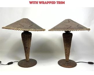 Lot 716 Pair French Table Lamps. Copper Lamps with jute wrapped stems. Pierced Metal Shade with wrapped trim