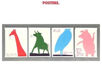 Lot 724 4pc DAVID SHRIGLEY Lithograph Animal Quotes Prints. Pig, Bull, Bird, Giraffe. Exhibition Posters.