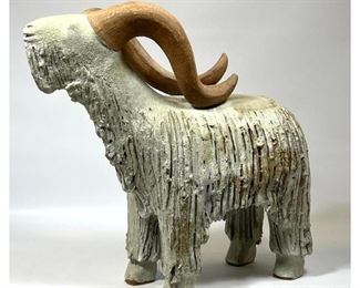 Lot 738 Figural Ceramic Horned Goat Sculpture Figure. Glazed body with natural clay horns. 
