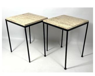 Lot 740 Pair Travertine and Iron Plant Side Tables.