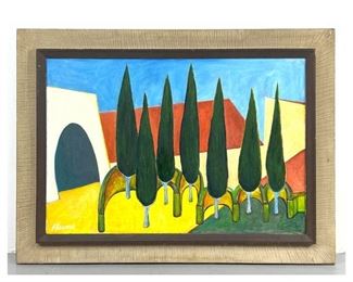 Lot 750 Ruth Fluno Modernist Painting. Colorful graphic design. 