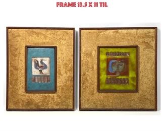 Lot 765 Marked made in France. Midcentury modern Tile Plaques Framed. Signed. dimensions frame 13.5 x 11 til