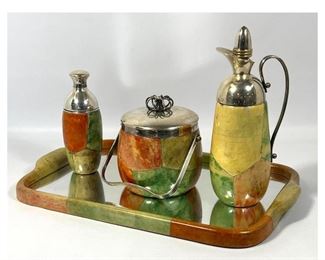 Lot 768 Aldo Tura 4 pc Piece Drink Set, Ice bucket, pitchers, tray. silver plate and goat skin. Labeled.