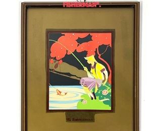 Lot 774 BRUNELLESCHI Art Deco Colorful Print. Man Fishing In stylized Landscape. The Fisherman.