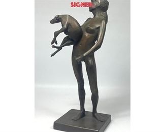 Lot 777 DAVID BACKHOUSE Bronze Figural Sculpture. Young Woman carrying a Dog. Signed. 