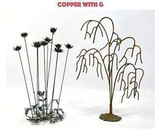Lot 787 2pc Metal Botanical Sculptures. 1 LAKIS SAVIANS 1977 Weeping Willow Tree. Signed. 2. Copper with g