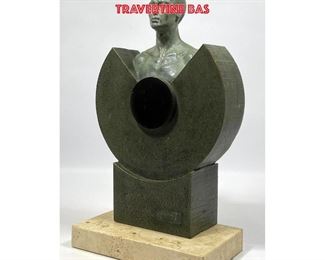 Lot 791 Modernist Figural Bronze Sculpture Signed AF. Male Bust emerges from split disc form. Travertine bas