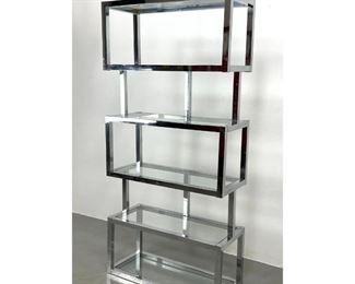 Lot 798 Stylish Stacked Form Chrome Etagere Modernist Display Shelves. Glass shelves. 