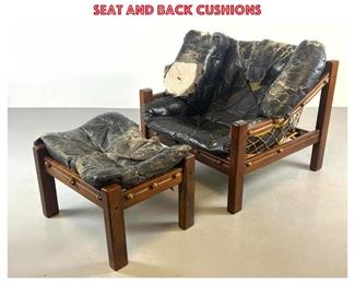 Lot 817 JEAN GILLON ITALMA Lounge Chair, Ottoman. Jacaranda Wood Frame. Black Leather Seat and back cushions
