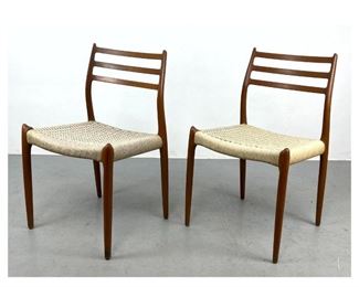 Lot 828 Pr NIELS MOLLER Teak Chairs with Woven Fiber Seats. Two Side Chairs. J.L. Moller. Denmark. 