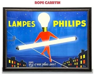 Lot 837 PAUL IGERT Philips Lampes Advertising Poster. Figure with Light Bulb Head Walks Tight Rope carryin