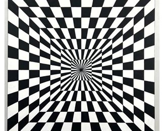 Lot 838 Lg TIM RAY FISHER Black and white Op Art acrylic painting on canvas, signed