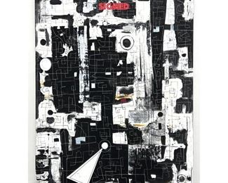 Lot 840 DENNIS SAKELSON Abstract Modernist Painting. Primarily Black and White Images. Signed