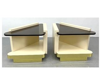 Lot 864 Pr Topaz Glass Top Triangular Side End Tables. Opposing Forms. Gold tone base trim. 