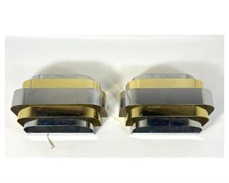 Lot 880 Pair Karl Springer style Brass and Steel Wall Sconces. Louver Design. 