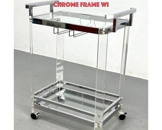 Lot 881 Modernist Chrome and Lucite Rolling Bar Cart. Serving Cart with Wine Bottle Holders. Chrome Frame wi