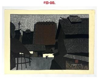Lot 890 KIYOSHI SAITO Japanese Woodblock Print. Nara. Moody palette town scene. Signed. 1970. 1380.