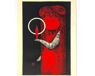 Lot 892 KAORU KAWANO Japanese Woodblock Print. Red Candle