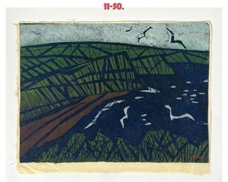 Lot 898 TADASHIGE ONO Japanese Woodblock Print. Colorful Landscape with Birds. Signed. 1150.