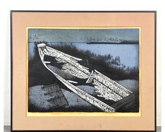 Lot 905 ICHIRO FUKUSHIMA Japanese Woodblock Print. Old abandoned boat. Pencil signed 3375.