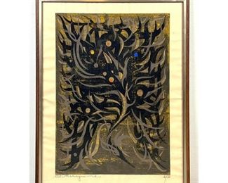 Lot 910 1959 TADASHI NAKAYAMA Tree and Berry Japanese Print. Signed. 450. 