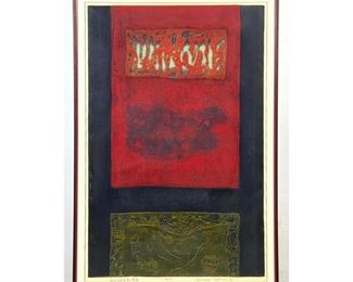 Lot 913 HIROYUKI TAJIMA Japanese Woodblock Print. Red Wall. Signed and Dated 70. 