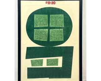 Lot 914 Signed Modernist Japanese Woodblock Print. Green Geometric Images. Pencil signed. 68. 1120 