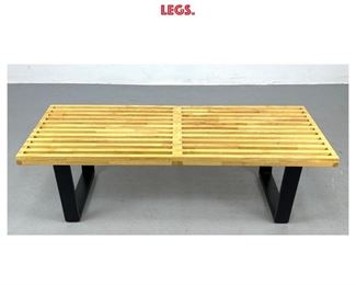 Lot 919 George Nelson Style Slat Bench. Blond Slat Bench. Iconic Modernist Form with Ebonized Legs. 