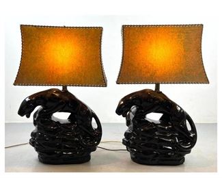Lot 918 Pair Ceramic panther table lamps original fiberglass shades