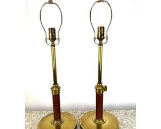 Lot 946 Pair Ralph Lauren style leather brass adjustable lamps.