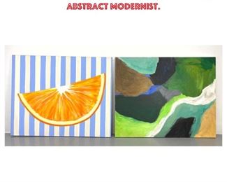 Lot 956 2pc Modern Paintings. 1 Orange Slice against Blue white striped background. 2 Abstract Modernist. 