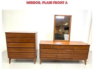 Lot 960 3pc American Modern Walnut Dressers, Mirror. High and Low Chest Credenza and Mirror. Plain front a
