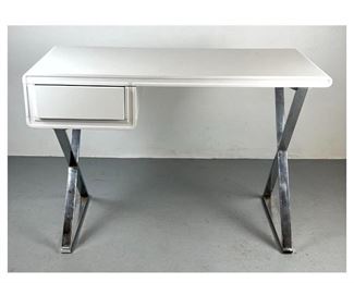 Lot 986 Modernist Desk. White Molded Plastic Top on Hourglass Form Chrome Leg Base. 