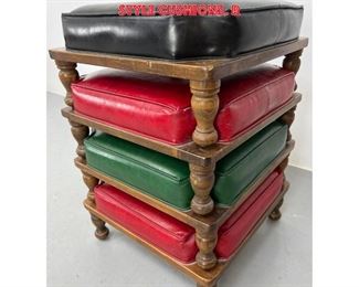 Lot 988 Set 4 Modernist Stacking Stools. ETHAN ALLEN. Square wood frames with vinyl pillow style cushions. R