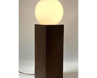 Lot 996 Ball Form Lamp. Plastic Sphere Shade Rests in Dark Stained Wood Pedestal Base. 