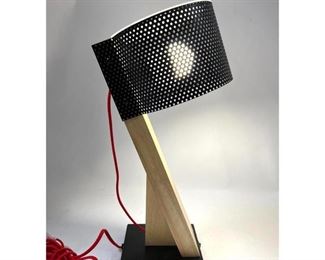 Lot 1006 Post Modern Desk Lamp. Angled wood with pierced metal shade. Frosted glass. 