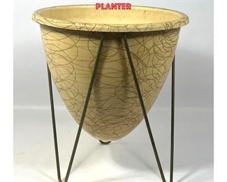 Lot 1021 Mid Century Modern Fiberglass Planter. Iron Hairpin Leg Frame Base. Drip Paint design to planter