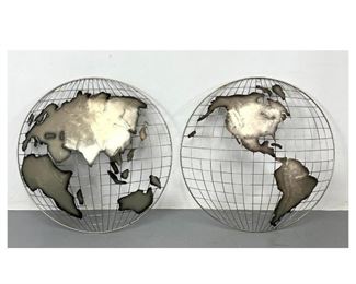Lot 1022 Pr World Globe Wall Sculptures. Companion pieces. Jere style. 